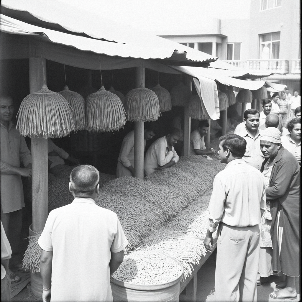 vintage black and white photo of a traditional indian grain market 1960s